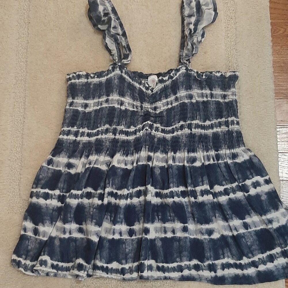 Shirred elastic stretch fit bodice, flowing bottom, Navy Blue print Babydoll top